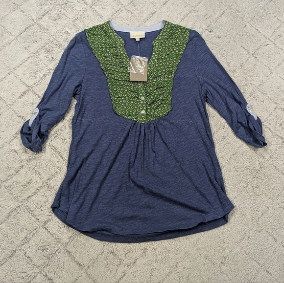 Anthropologie Deletta Shirt Women's XS Blue Green Floral Ruffle Peasant Prairie - Picture 1 of 9